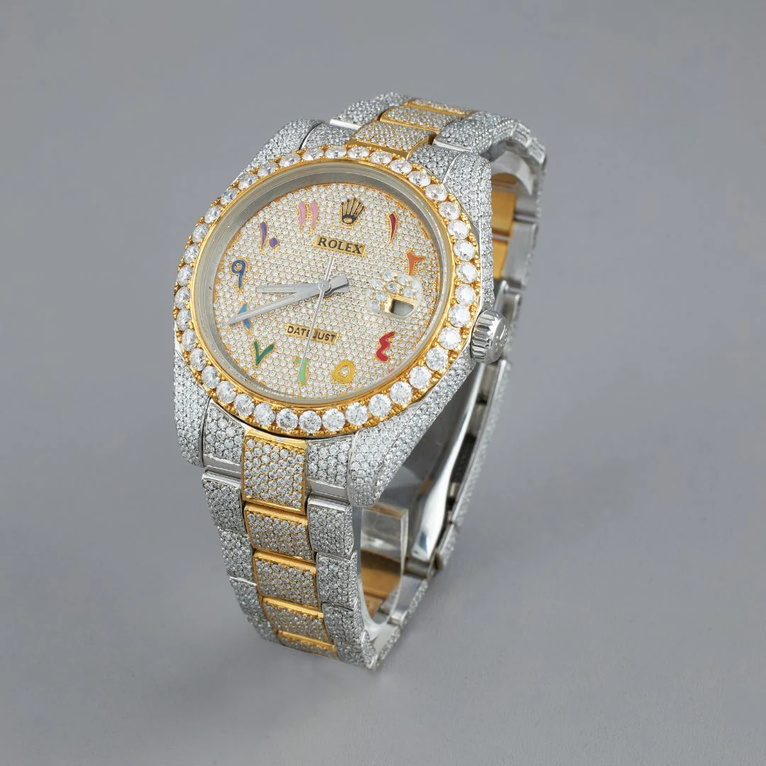 Fully Iced Out Moissanite 2-Tone Gold Datejust Rainbow Roman Dial