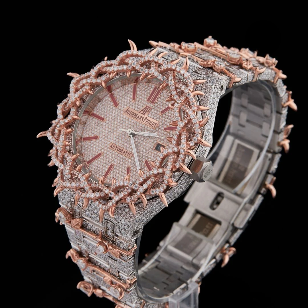 Fully Iced Out Moissanite Rose Gold Royal Oak Vine Dial