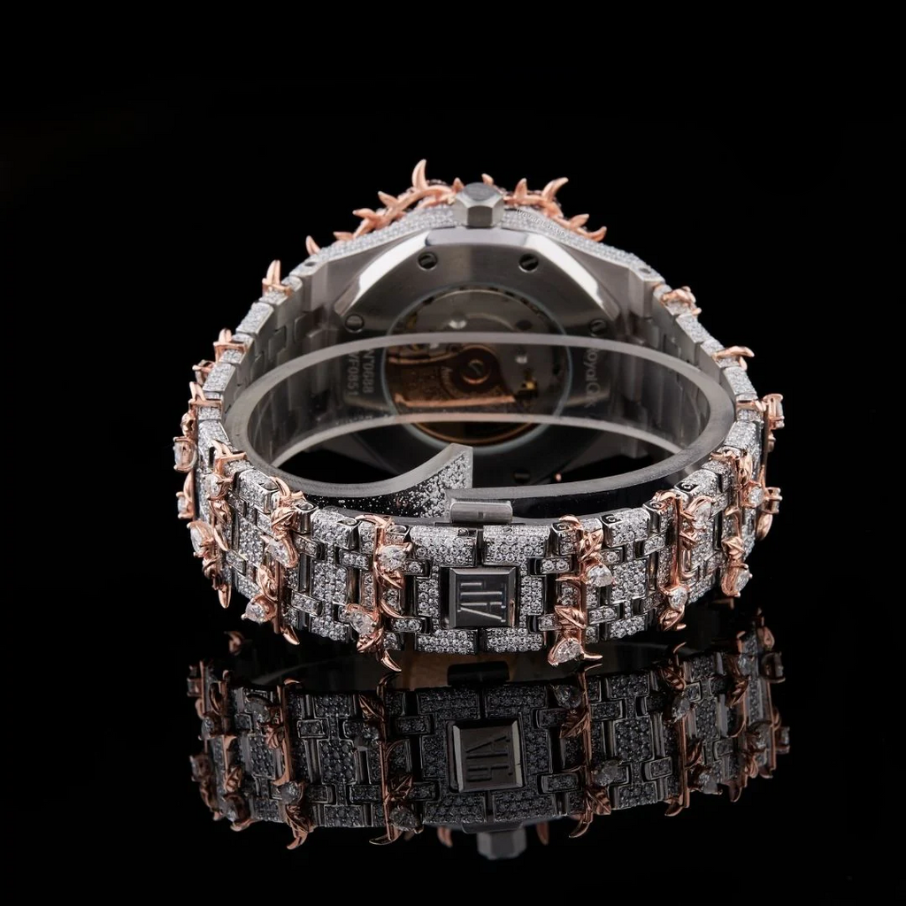 Fully Iced Out Moissanite Rose Gold Royal Oak Vine Dial