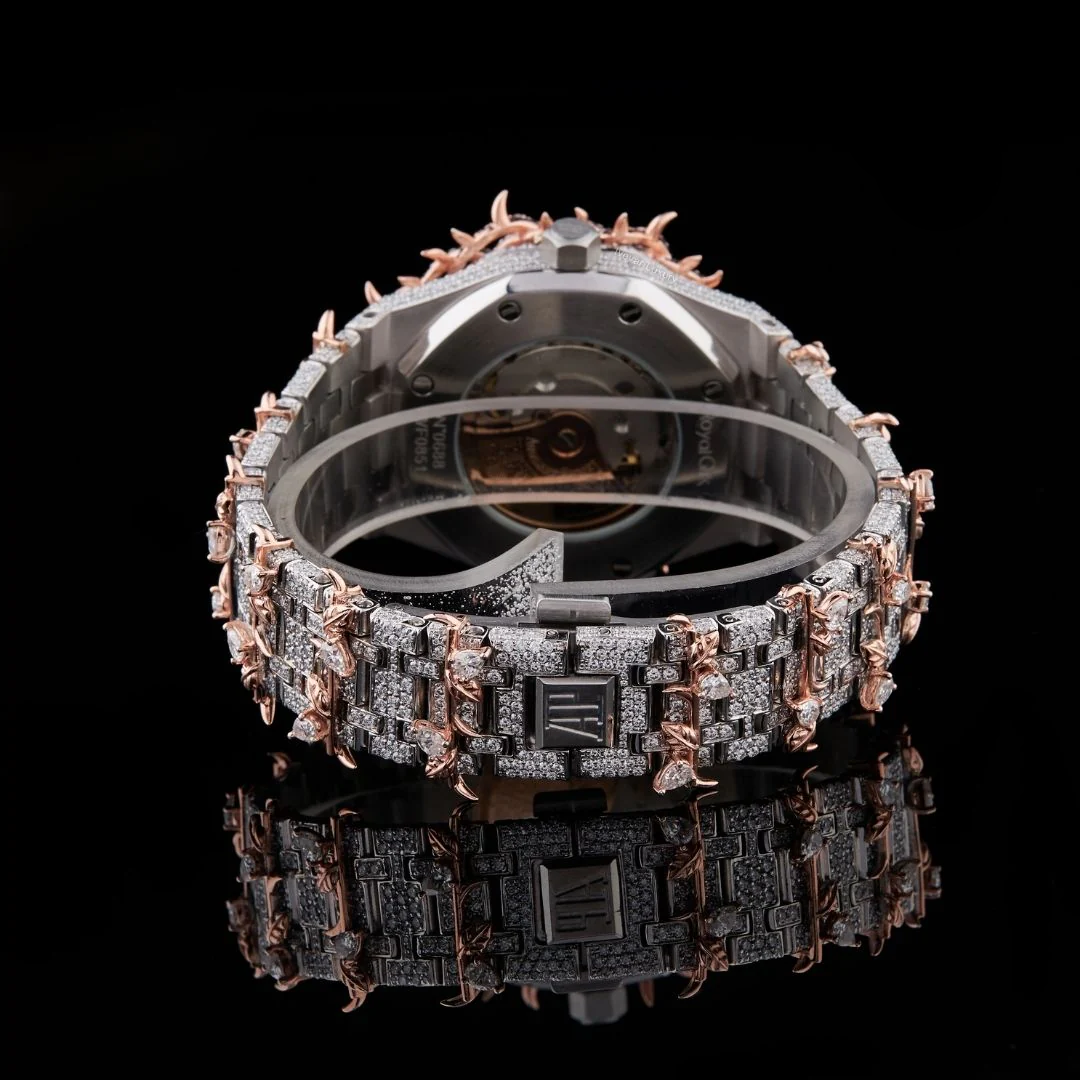 Fully Iced Out Moissanite Rose Gold Royal Oak Vine Dial