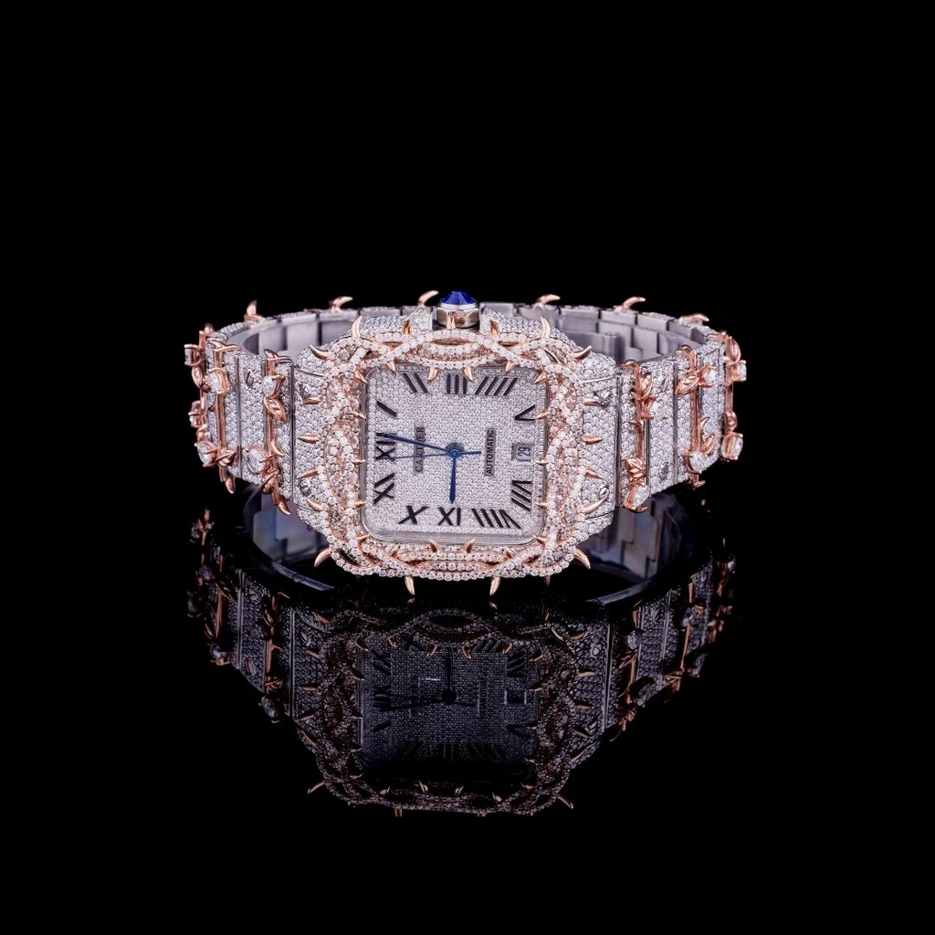 Fully Iced Out Moissanite Santos White Vine Dial