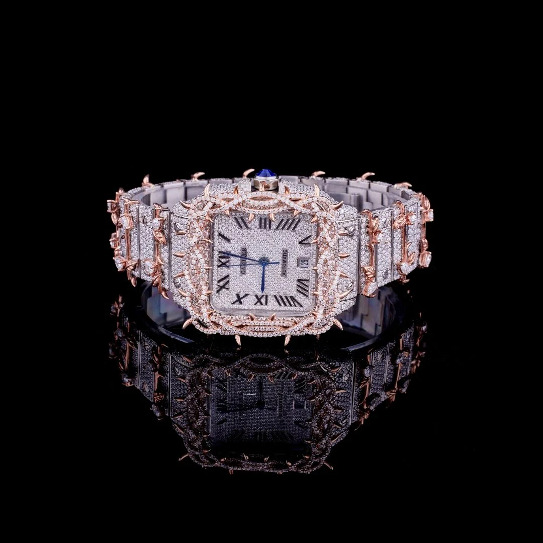 Fully Iced Out Moissanite Santos White Vine Dial