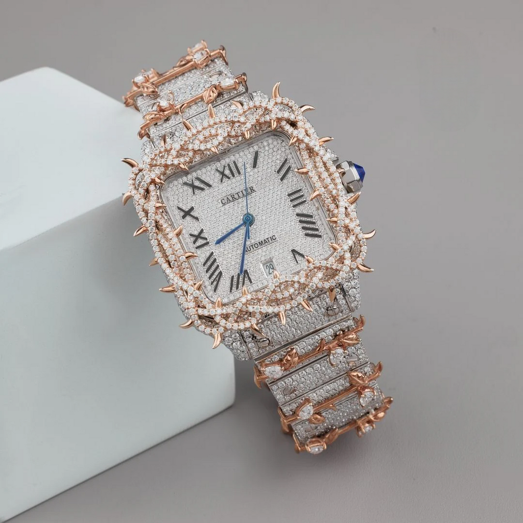 Fully Iced Out Moissanite Santos White Vine Dial