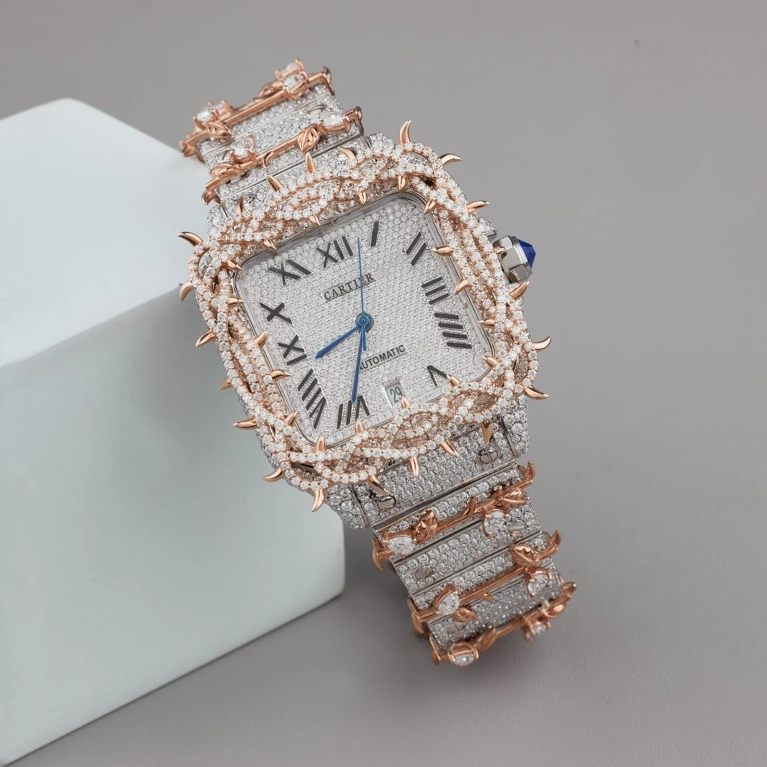 Fully Iced Out Moissanite Santos White Vine Dial