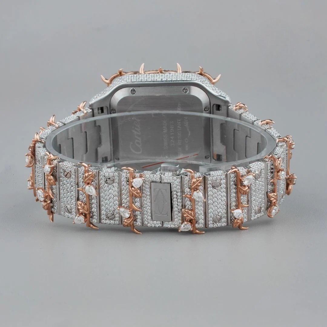 Fully Iced Out Moissanite Santos White Vine Dial