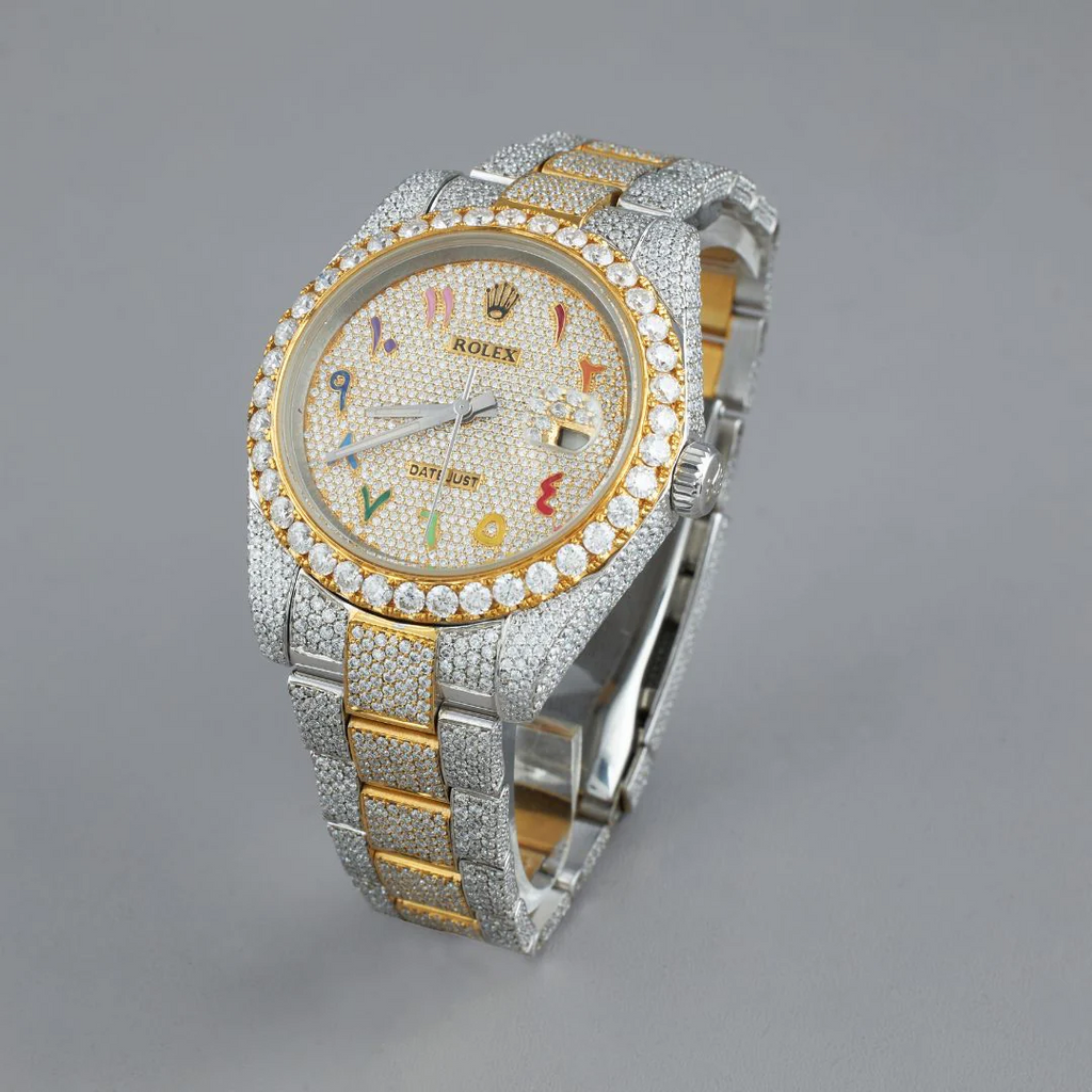 Fully Iced Out Moissanite 2-Tone Gold Datejust Rainbow Roman Dial