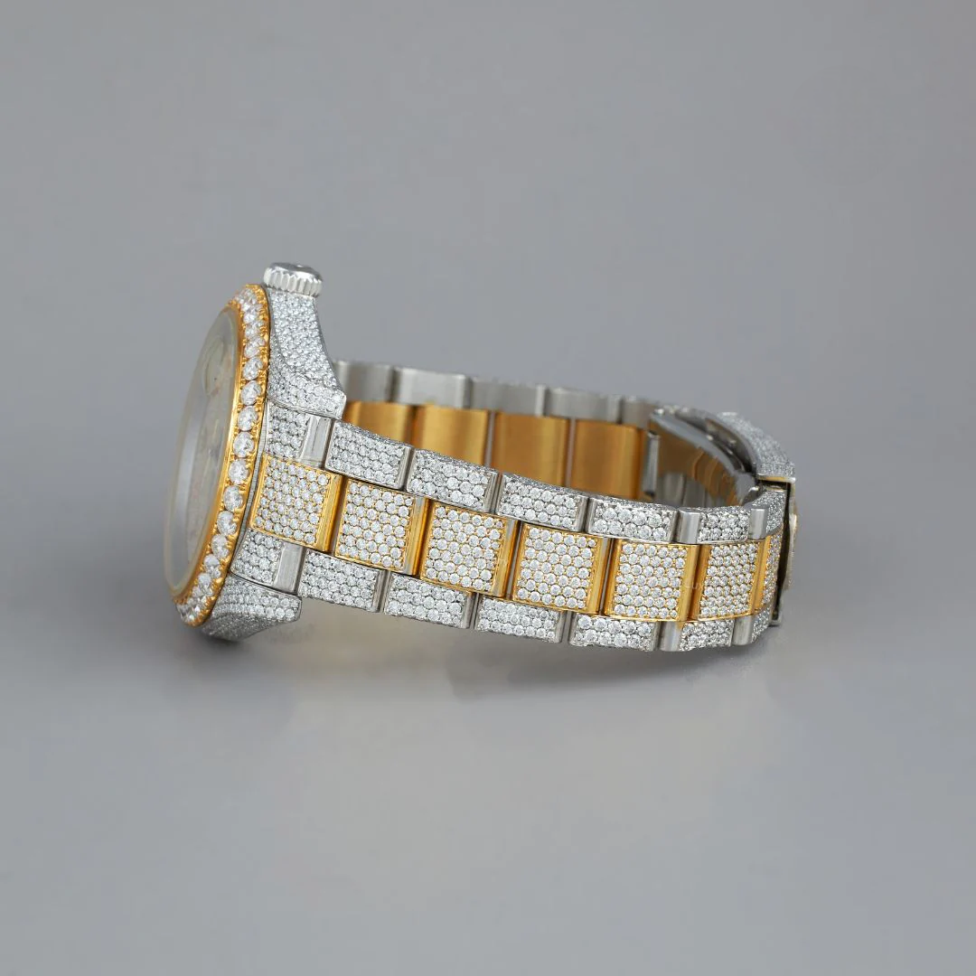 Fully Iced Out Moissanite 2-Tone Gold Datejust Rainbow Roman Dial