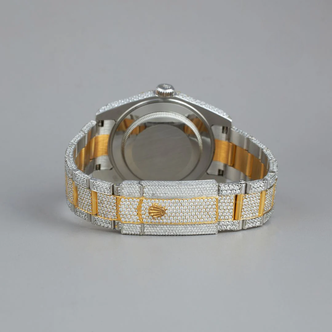 Fully Iced Out Moissanite 2-Tone Gold Datejust Rainbow Roman Dial