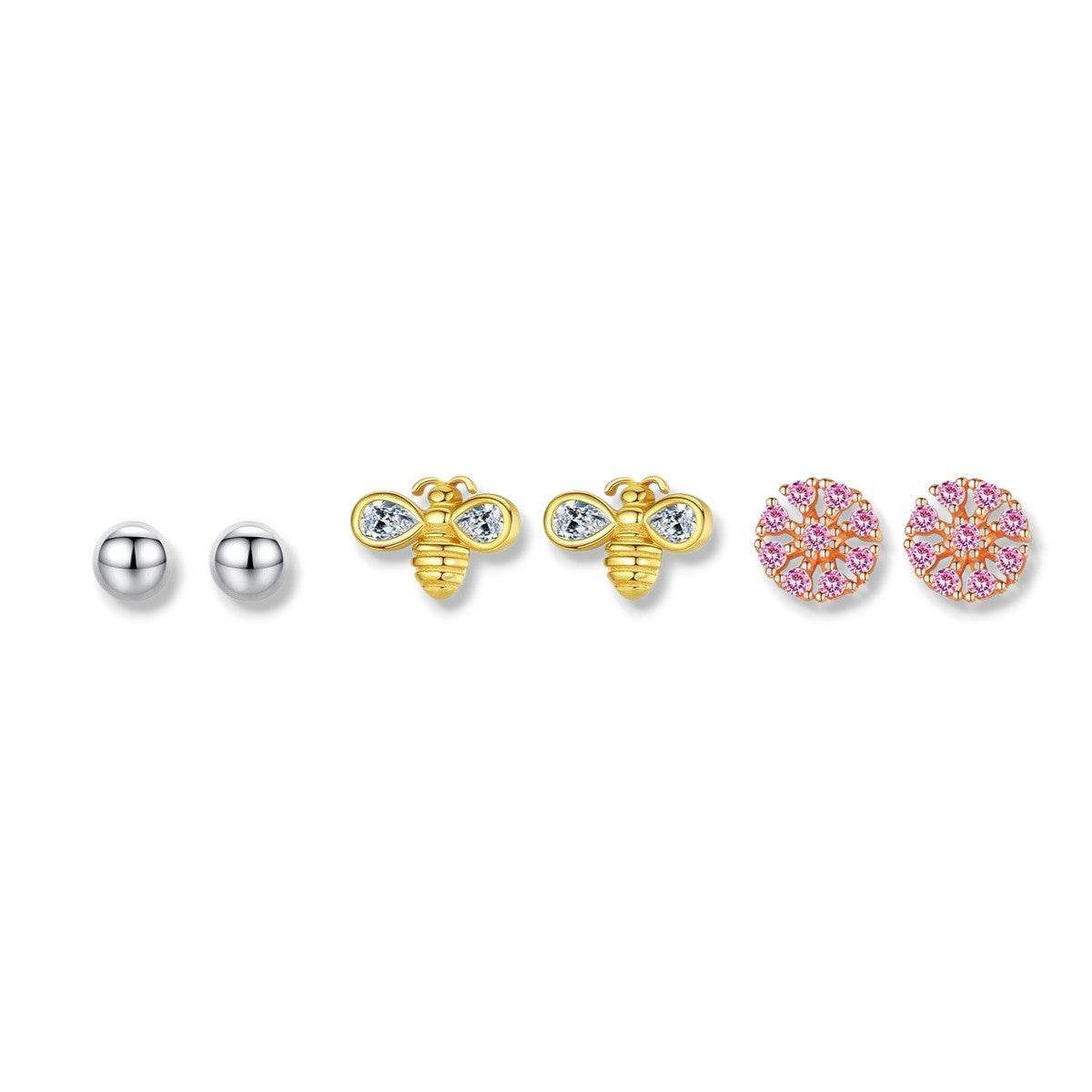 Honey Bee Pink Flower Stud Earring Set - Aventus