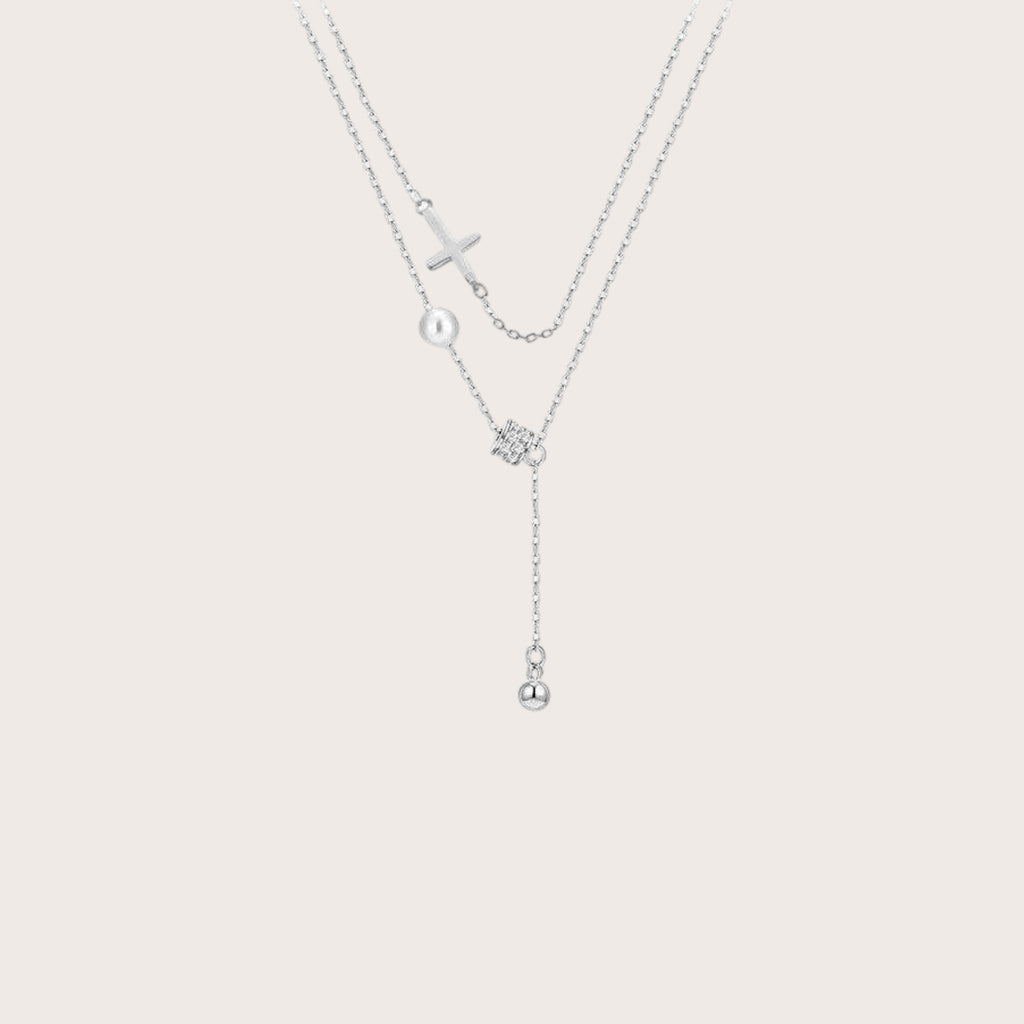 Double Layered Pearl Cross Necklace