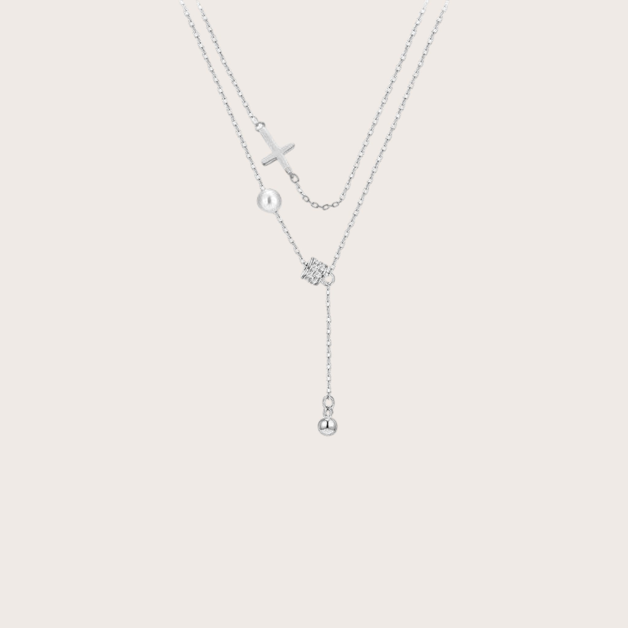 Double Layered Pearl Cross Necklace