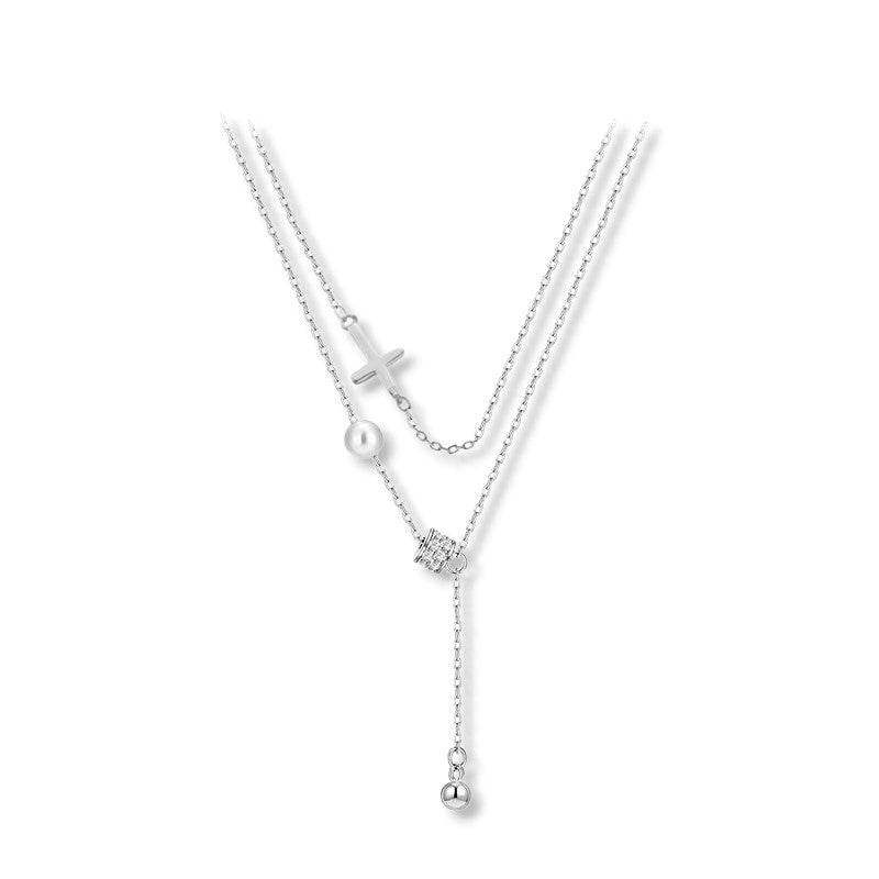 Double Layered Pearl Cross Necklace - Aventus