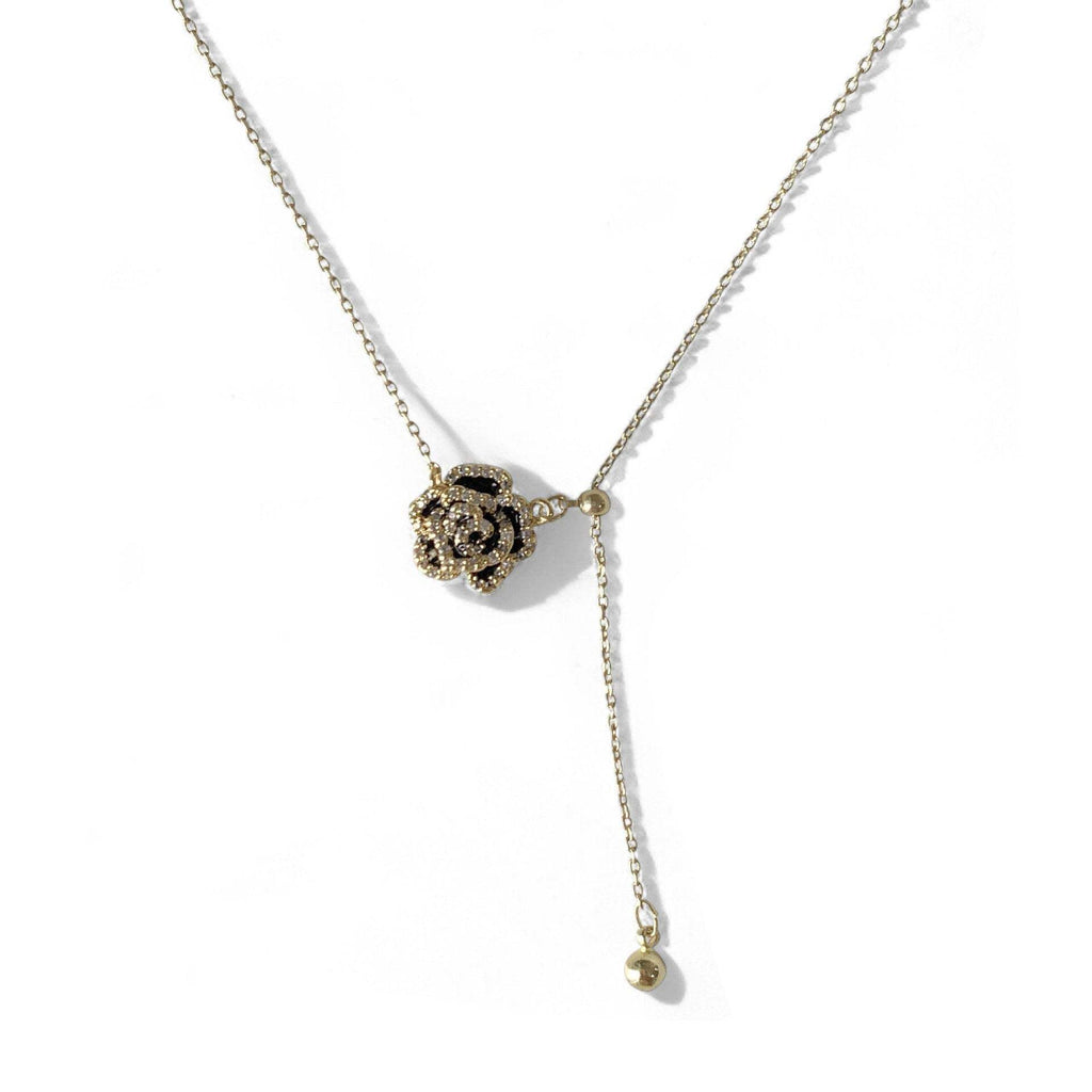 Black Camellia Tassel Necklace - Aventus
