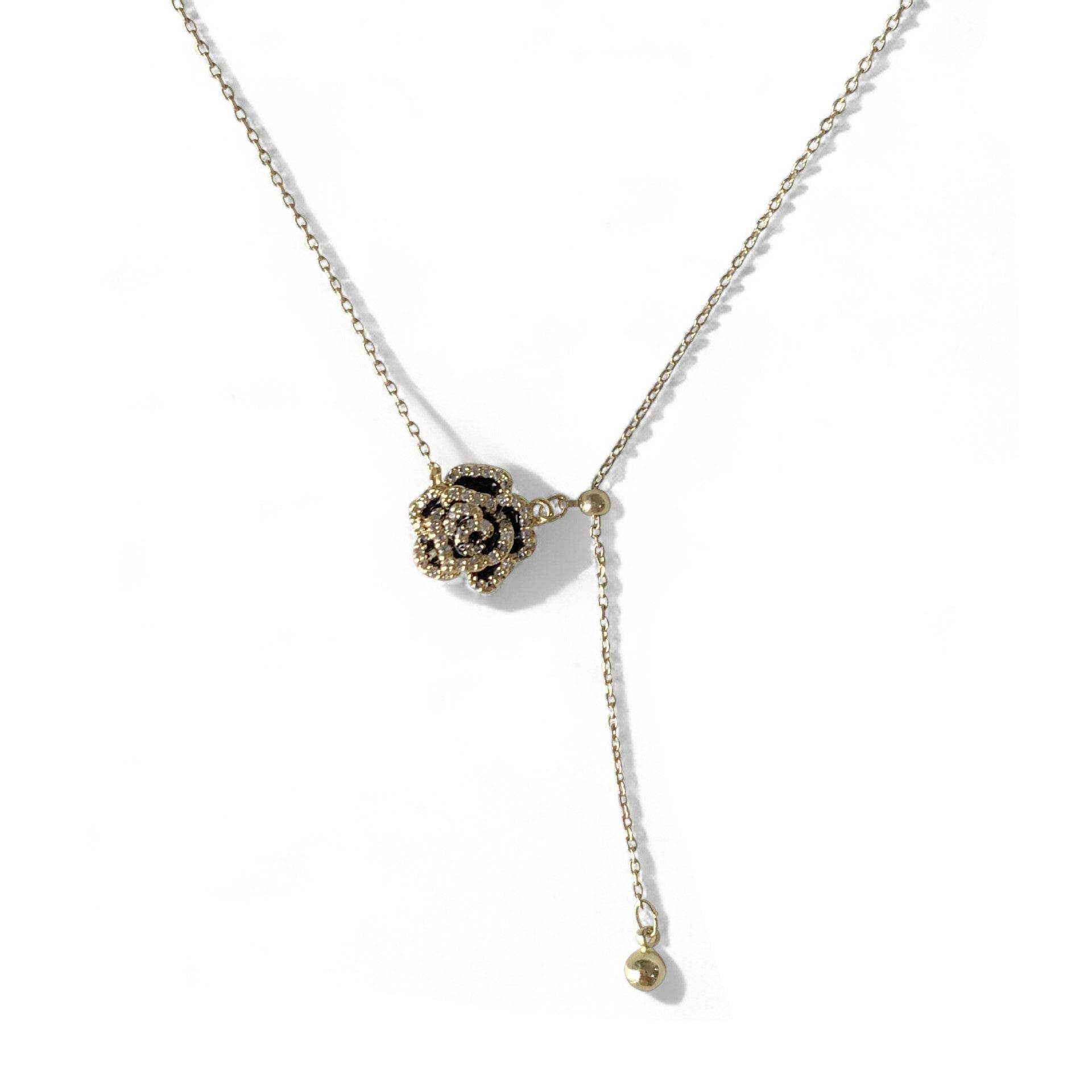 Black Camellia Tassel Necklace - Aventus