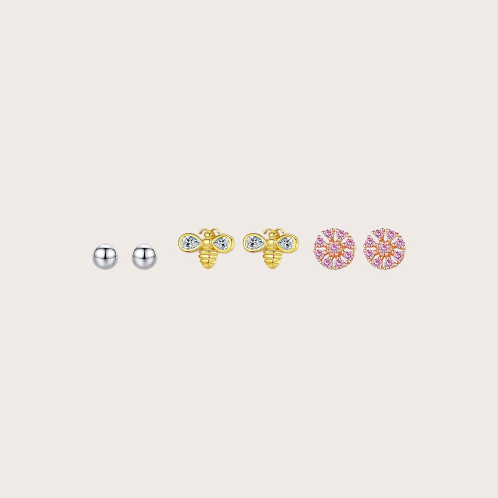 Honey Bee Pink Flower Stud Earring Set