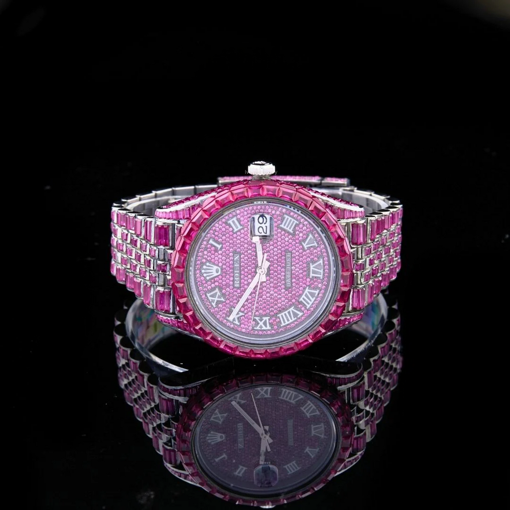 Fully Iced Out Datejust Custom Pink Moissanite Luxury Watch