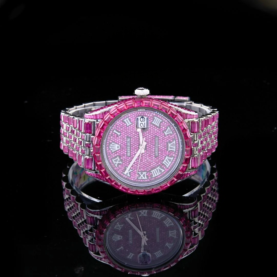 Fully Iced Out Datejust Custom Pink Moissanite Luxury Watch