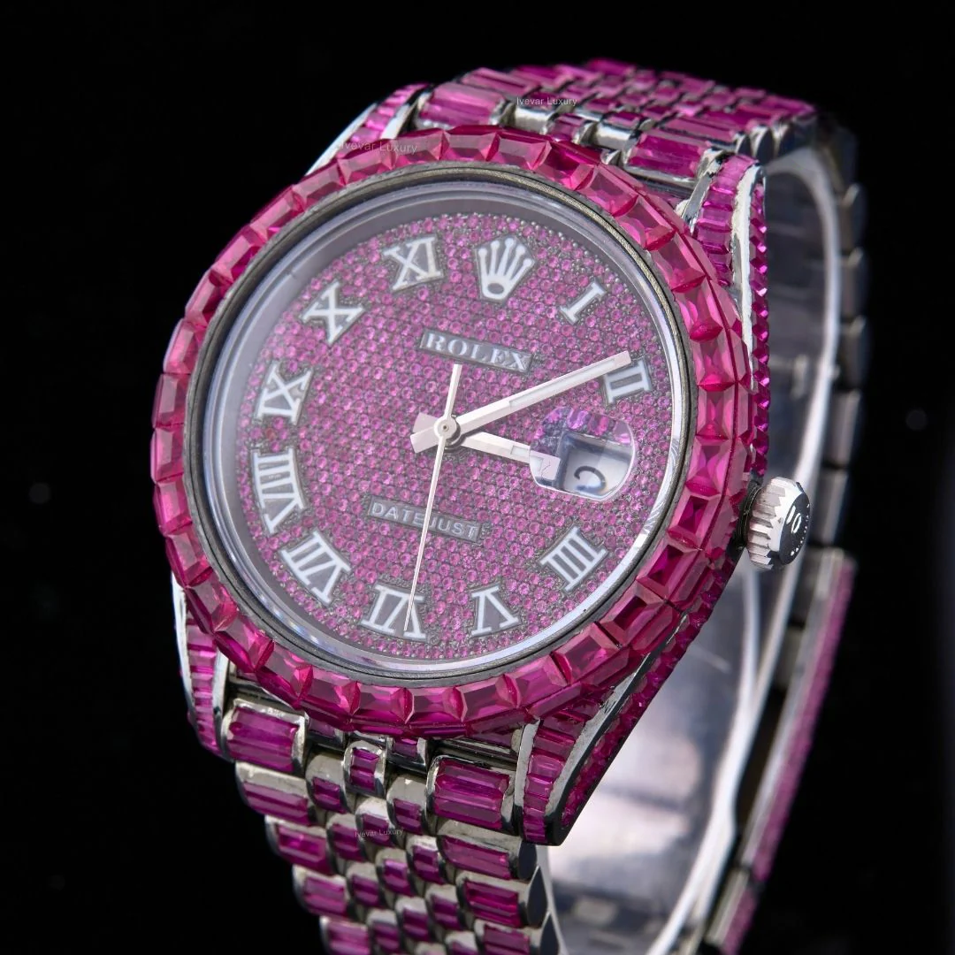 Fully Iced Out Datejust Custom Pink Moissanite Luxury Watch