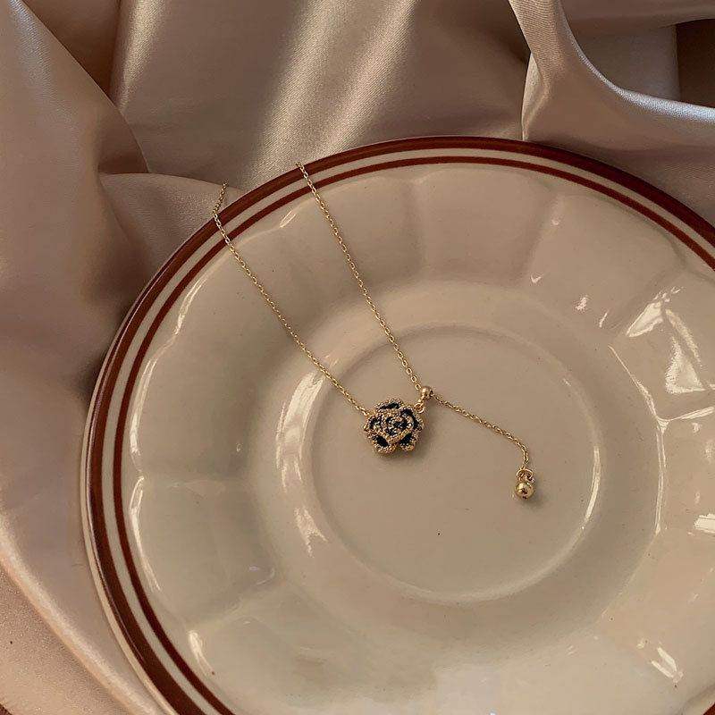 Black Camellia Tassel Necklace - Aventus