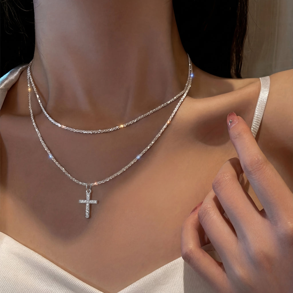 Diamond Cross Layered Pendant Necklace