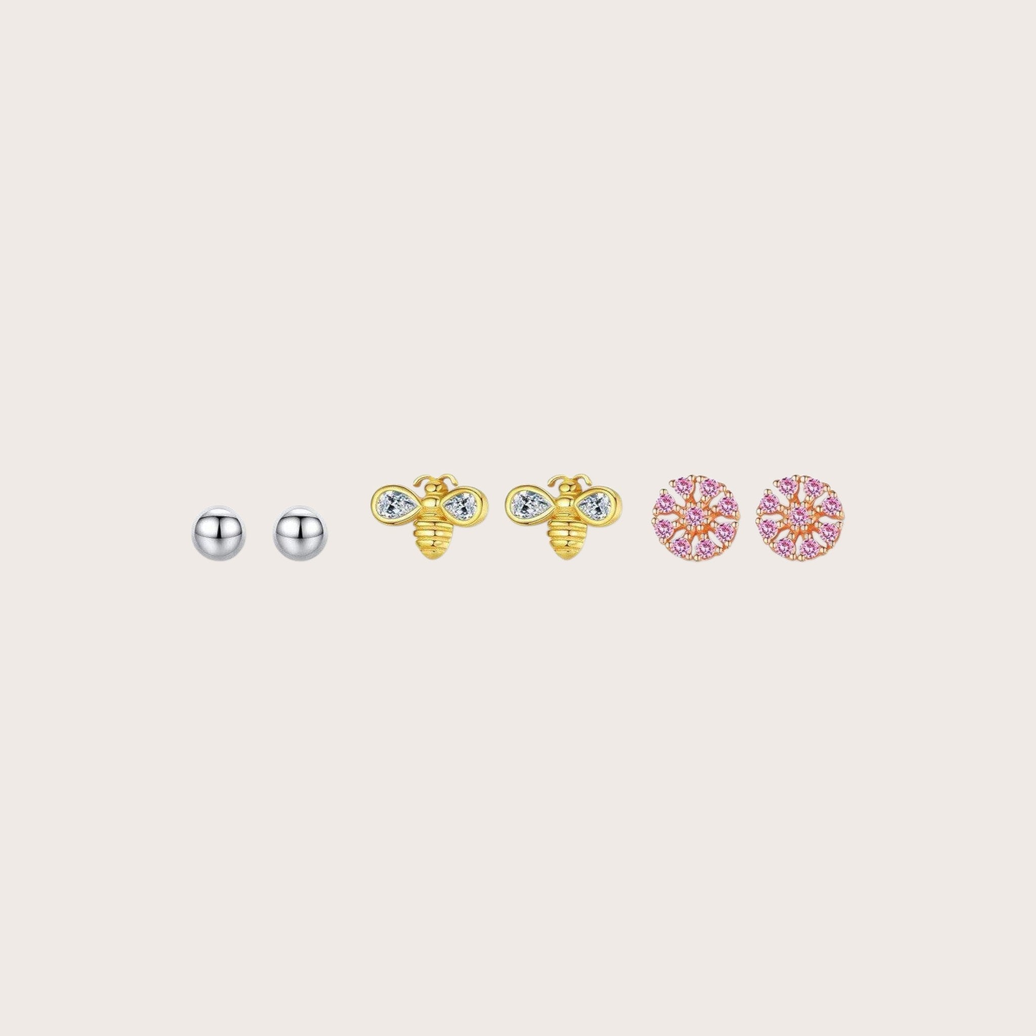Honey Bee Pink Flower Stud Earring Set
