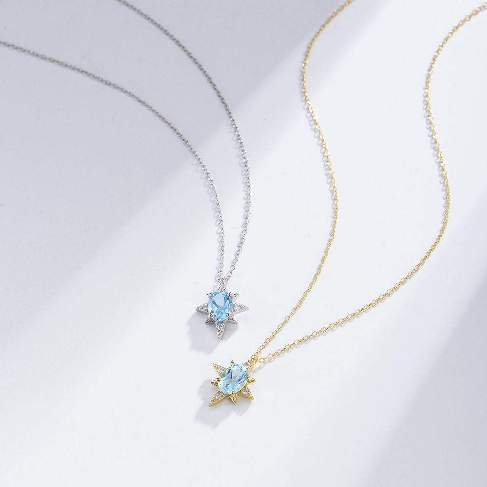 Natural Blue Topaz Eightfold Star Pendant Necklace - Aventus
